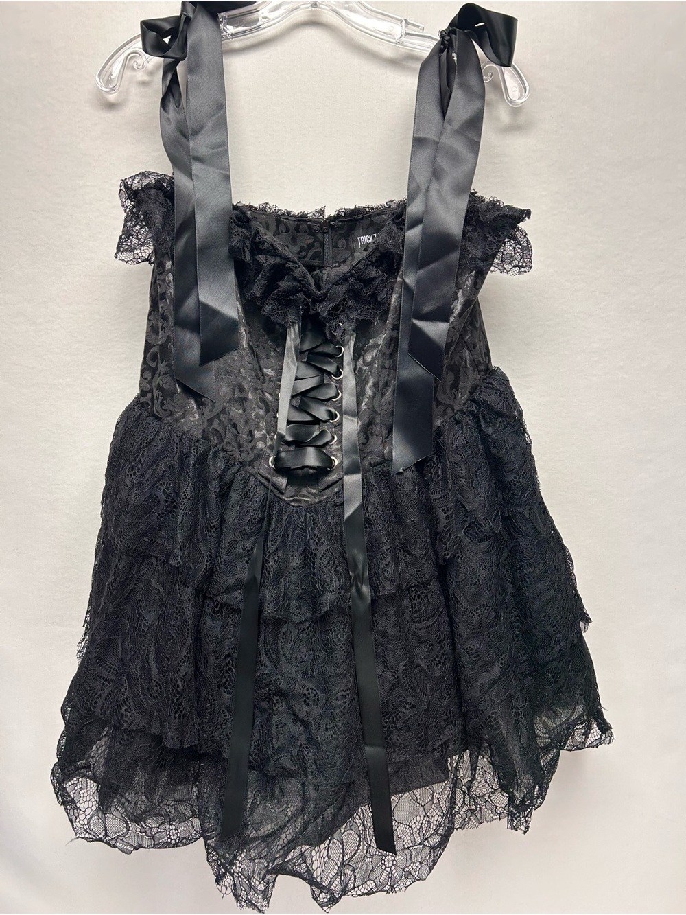 Black Lace Tiered Corset-Style Mini Dress with Satin RibbonXL